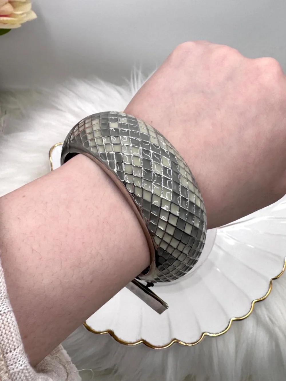 Silver Tone Mosaic Tile Wide Bangle Bracelet Statement Cuff Nordstrom - Picture 7 of 7